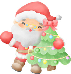 Santa Claus with Christmas tree Watercolor