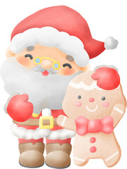 Adorable Christmas Santa Claus and Ginger bread Watercolor