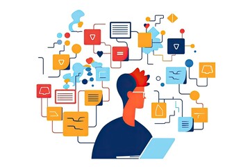 A minimalist character illustration of a person using sticky notes, in a 2D style. Generative AI.