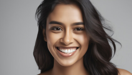 Closeup photo portrait of a beautiful young asian indian model woman smiling with clean teeth. used for a dental ad. isolated on white background. - obrazy, fototapety, plakaty