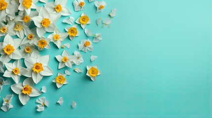  a group of white and yellow flowers on a blue background.  generative ai