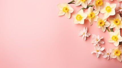  a bunch of white and yellow flowers on a pink background. generative ai