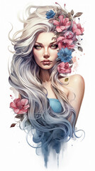 Fototapeta premium Tattoo Submission Template Brainstorming Devine Woman and Flowers Digital Art Generative AI Background Cover Magazin 