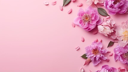  pink flowers on a pink background with leaves and petals scattered around.  generative ai