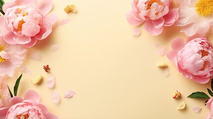  pink flowers on a yellow background with petals scattered around them.  generative ai