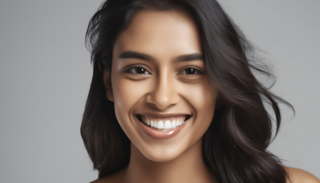 Closeup photo portrait of a beautiful young asian indian model woman smiling with clean teeth. used for a dental ad. isolated on white background.