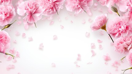  pink carnations on a white background with petals scattered around.  generative ai