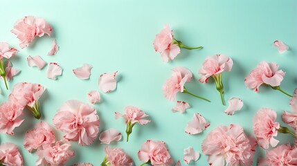  pink carnations are scattered on a blue background with green stems.  generative ai