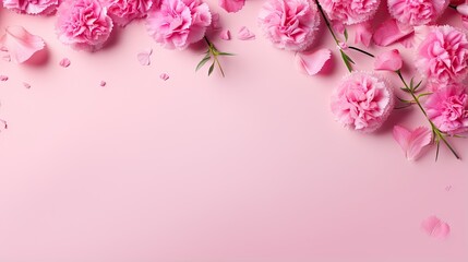  pink carnations on a pink background with petals scattered around.  generative ai