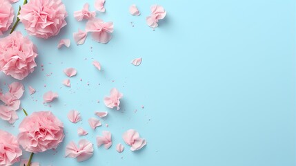  pink carnations and petals on a light blue background.  generative ai