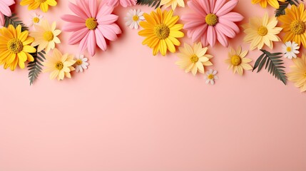  a pink background with yellow and pink flowers on it and a green leaf.  generative ai