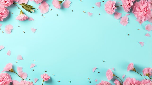  a blue background with pink flowers and leaves on it, with a place for a text.  generative ai