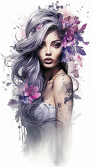 Fototapeta premium Tattoo Submission Template Brainstorming Devine Woman and Flowers Digital Art Generative AI Background Cover Magazin 