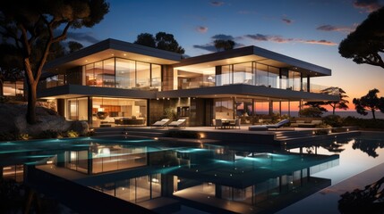 Fototapeta na wymiar Modern architecture with a pool, concrete and glass facade at sunset