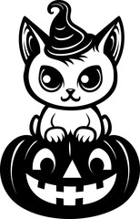Halloween cat kitten sitting on jack o lantern pumpkin and wearing magic witch hat isolated black vector