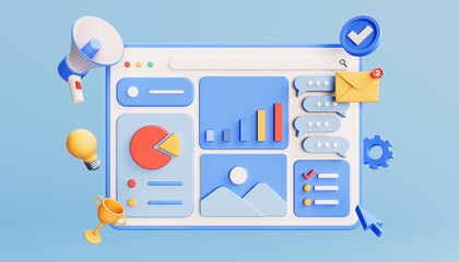 Digital marketing concept with icons, social network and media symbols. Landing page template. 3D illustration