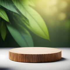 A round wooden stand on a white table with a background of green leaves. Wooden stand studio empty.