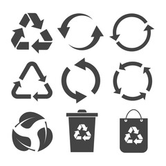 Set of black recycle icon. Recycling and rotation arrow symbols. Vector illustration isolated on white background.