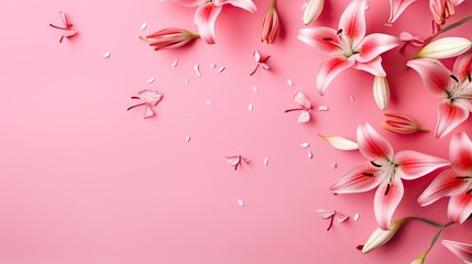  pink flowers on a pink background with petals scattered around them.  generative ai