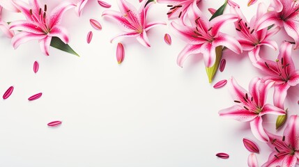  a bunch of pink lilies on a white background with space for text.  generative ai