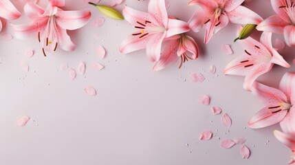  pink lilies on a pink background with drops of water.  generative ai