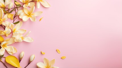  a pink background with yellow flowers and petals on it's side.  generative ai