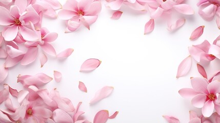  a white background with pink flowers and petals on the petals.  generative ai