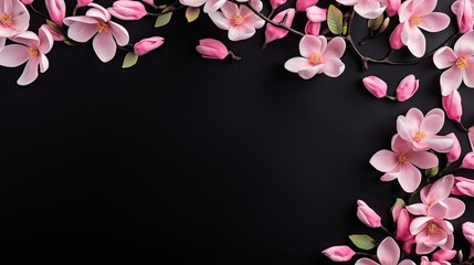 pink flowers on a black background with space for a text.  generative ai