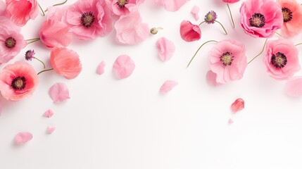  a group of pink flowers on a white background with petals.  generative ai