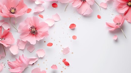  pink flowers on a white background with confetti scattered around.  generative ai