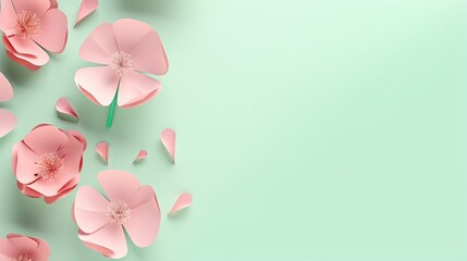 Fototapeta na wymiar pink paper flowers on a green background with a place for text. generative ai