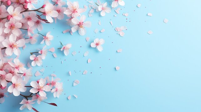 a blue background with pink flowers on the branches of cherry trees. generative ai © Shanti