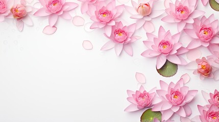  a white background with pink water lilies and leaves on it.  generative ai