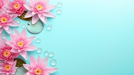  pink water lilies with water droplets on a blue background.  generative ai