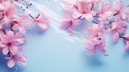  a bunch of pink flowers with water droplets on them on a blue background.  generative ai