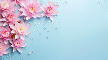  pink flowers with water droplets on a blue background with copy space.  generative ai