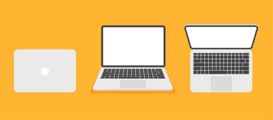 Laptop front and top view. White screen display. Computer mock up set. Vector illustration in flat style isolated on yellow background.