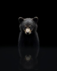 Close up of a black bear cub on a reflective black background