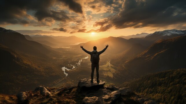 Silhouette Of A Man Standing On Top Of A Mountain Raising One Hand To Hit The Sky