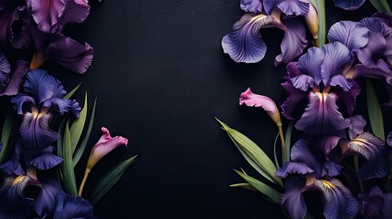  a group of purple flowers on a black background with space for text.  generative ai