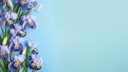  a bunch of purple flowers on a blue background with a place for text.  generative ai