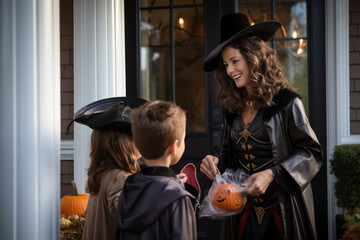 Mother in a witch costume hands out candy to children on Halloween
