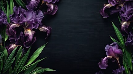  purple iris flowers on a black background with a green border.  generative ai