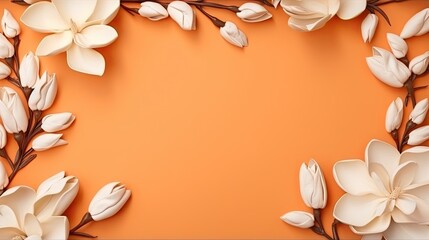 Fototapeta na wymiar an orange background with white flowers and branches on the corner. generative ai