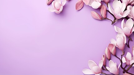  pink flowers on a purple background with space for a text.  generative ai