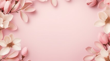  a pink background with pink flowers and leaves on the corner.  generative ai