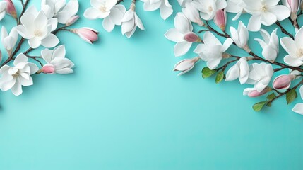  a bunch of white flowers on a blue background with a place for text.  generative ai