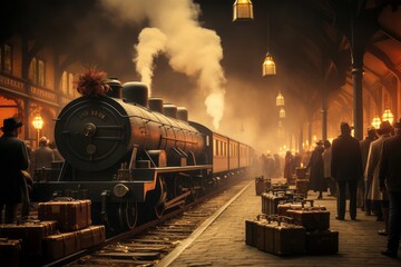  Vintage Train Station: Passengers waiting in a 1930s setting, with vintage suitcases, sepia tones, and steam from a locomotive.  - obrazy, fototapety, plakaty