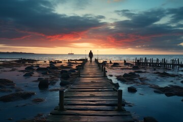 Lonely Pier: A long wooden pier extending into calm water, with one person at the end.