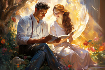 Illustration of a romantic young couple together sitting in the garden surrounded by natural beauty reading a book Generative AI - obrazy, fototapety, plakaty